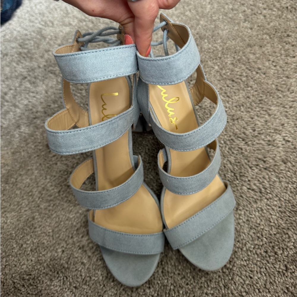 Lulu's Marlena Blue Grey Suede Caged Lace-Up Heel - Picture 9 of 9